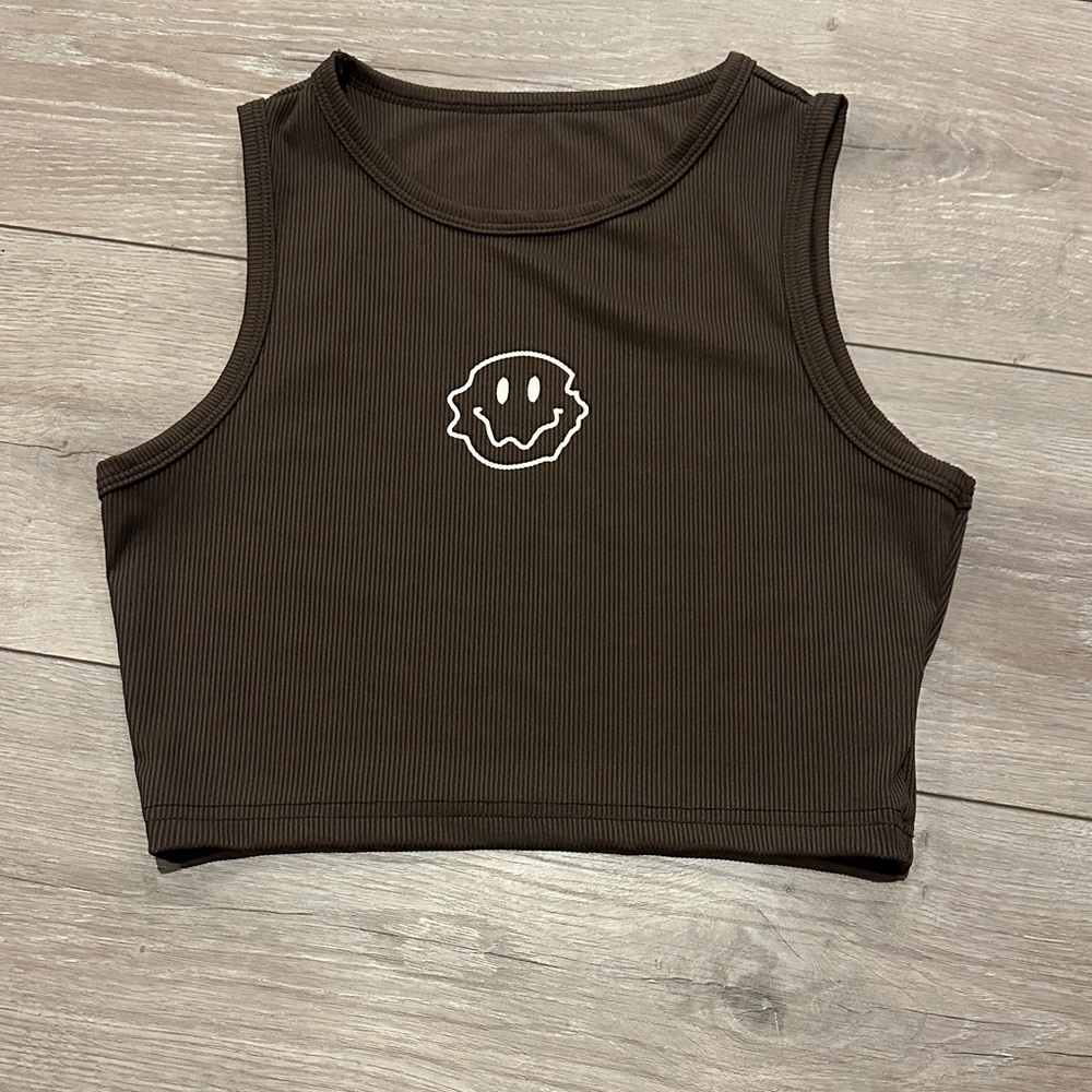 SHEIN Dark Brown Ribbed Crop Top with Smiley